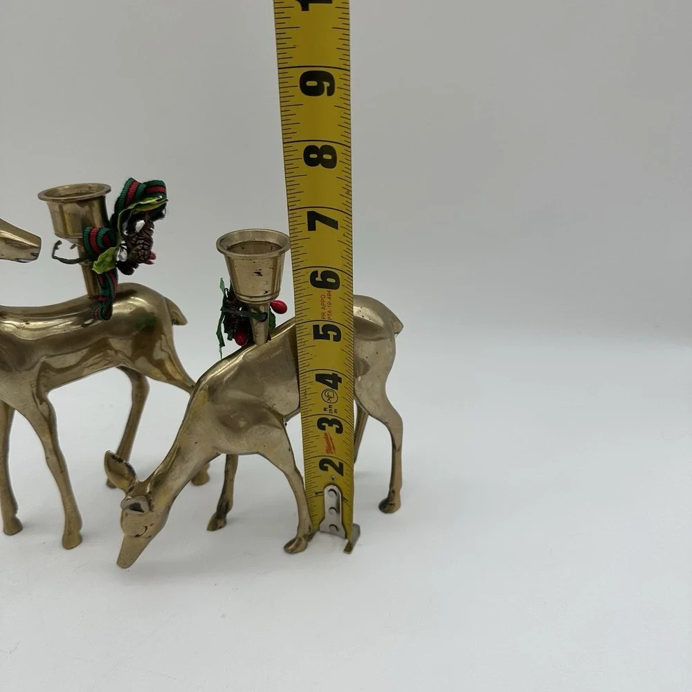 2 Vintage Brass Reindeer Candle Sticks Holders Buck and Doe Set Large Antlers